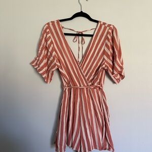 Striped V-Neck Wrap romper in Pink and White